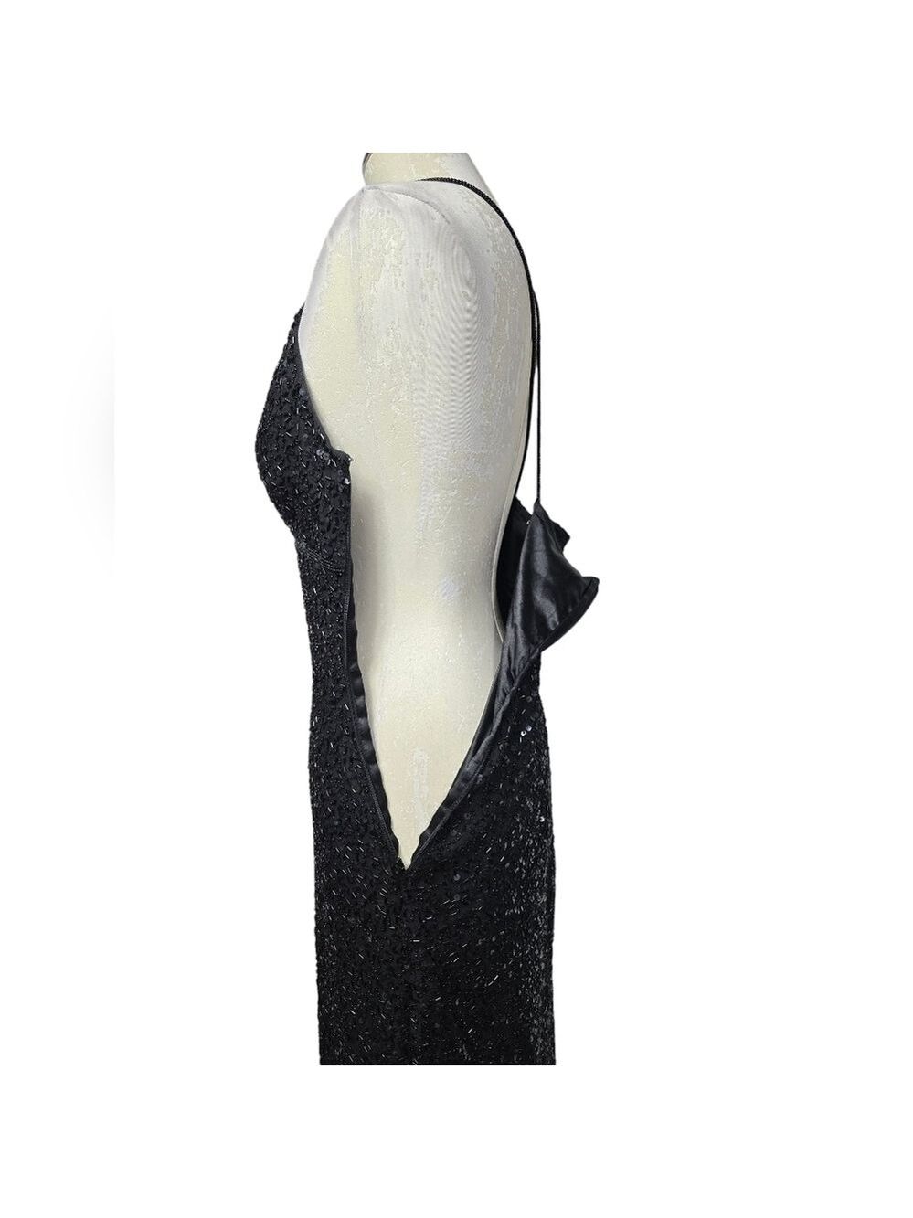 Scala Black Sequin Beaded V Neck Maxi Front Zip Vintage Silk Slit Maxi Dress M - Picture 6 of 12